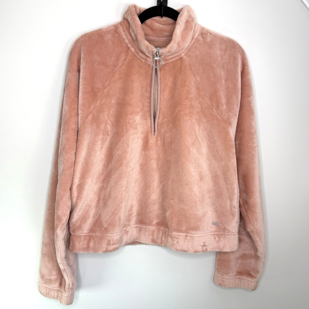 Hollister Women's Fuzzy 1/4 Zip Pullover M Pink Plush Cozy Lounge Long Sleeve
